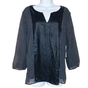 Stitch Fix Large Black Velvet Rosabella Semi Sheer Swiss Dot Blouse Split Neck
